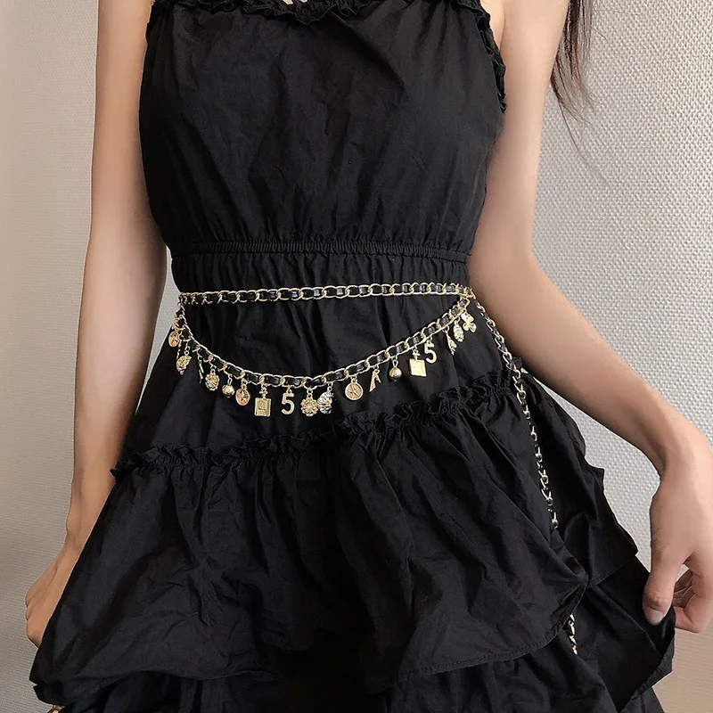 

Multi-layer Leather Woven Belts for Women Waist Chain Fashion New Metal Tassel Multi-element Pendant Belts Cloth Accessories