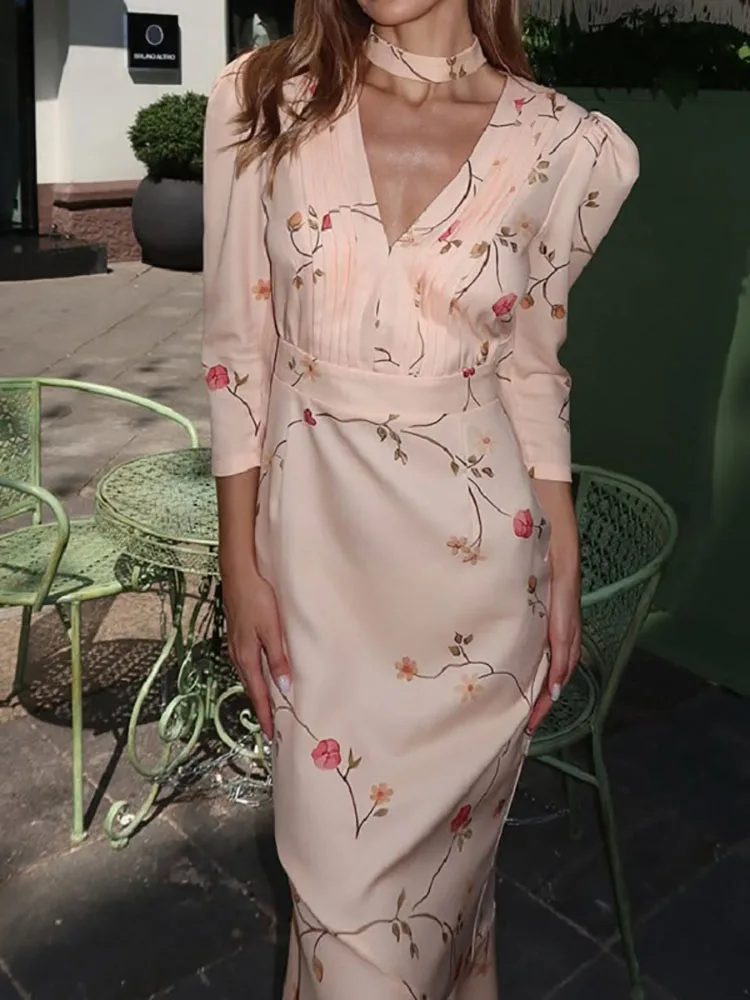 

Casual 3/4 Sleeve Draped Summer Long Dress Vestidos Women's Elegant V-Neck Printed Maxi Dress High Waist Fashion Bohemian Dress