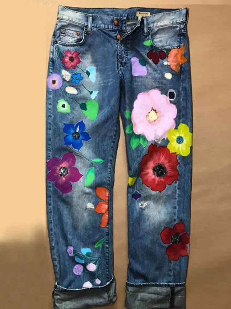 

Denim Floral Casual Jeans Denim Painted Flowers Hippie Straight Leg Pants