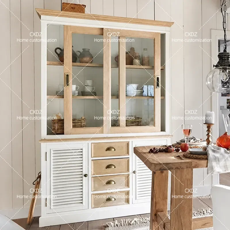 Antique Solid Wood Dining Side Cabinet with Louver Door Wine Storage Sliding Door Display Cupboard for Living Room Home Decor
