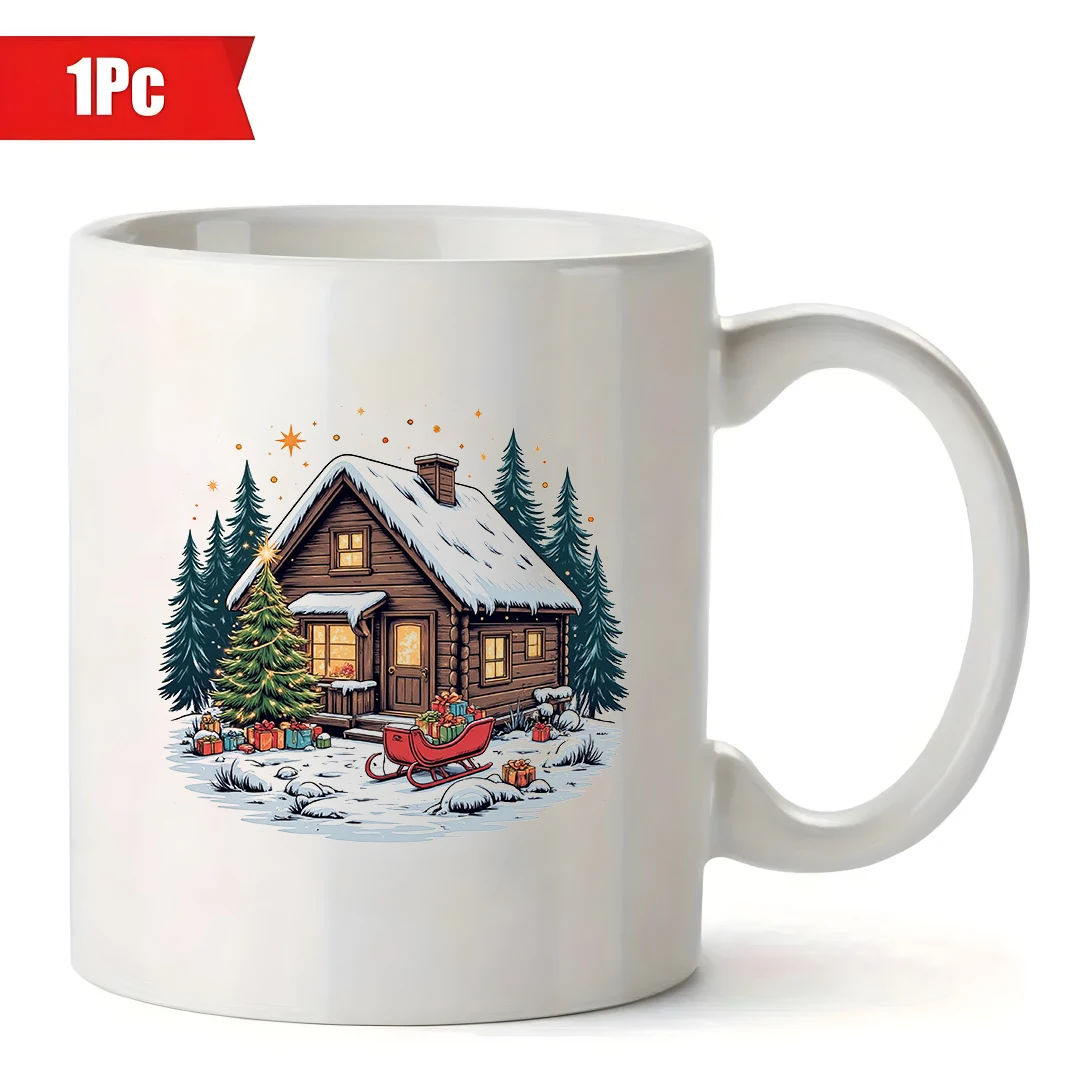 Taza de 11oz, cabaña navideña de dibujos animados, árbol iluminado, caja de regalo colorida, trineo, acogedor regalo de Navidad para niños, familia, oficina, Cof