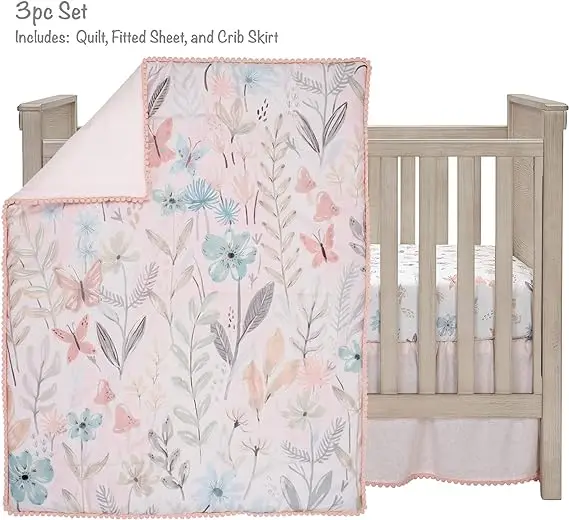 

Baby Blooms 3-Piece Pink Floral/Butterfly Baby Crib Bedding Set