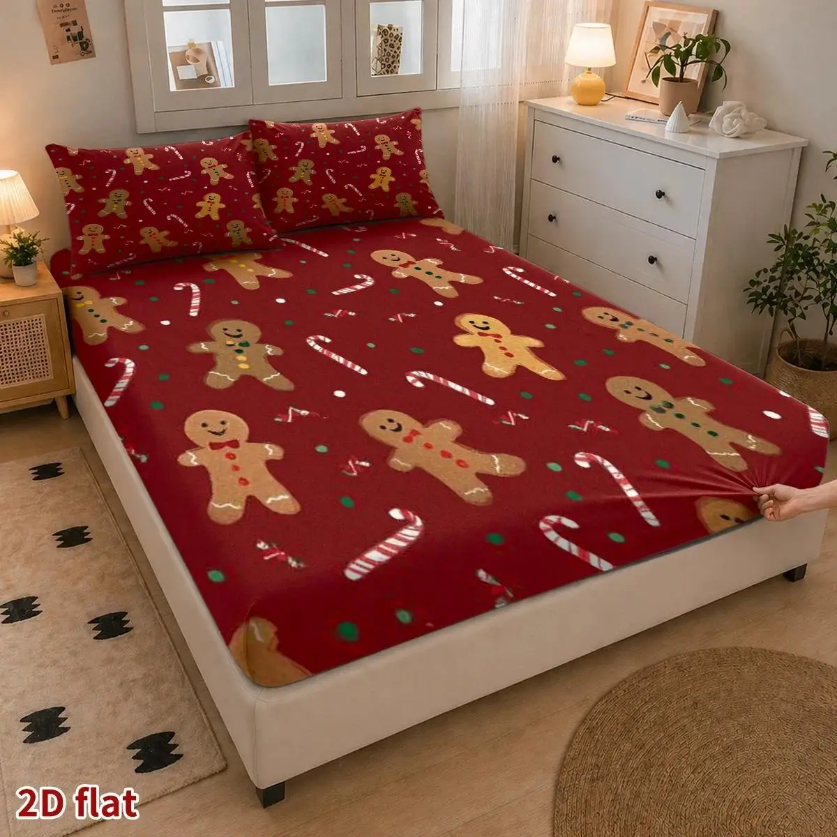 2D Gingerbread Man Joyful Pattern, Cartoon Cute Style 2D Three-Piece Bedding Set (Includes 1 Fitted Sheet + 2 Pillowcases) Mattress Protector, Fitted Elastic Style, Protective Cover, 2D Flat Printing, Mattress Protector, Christmas Limited Edition, Suitable for All Seasons, Machine Washable Design, Holiday Decoration, Various Sizes, Breathable Protective Cover with Pillowcase