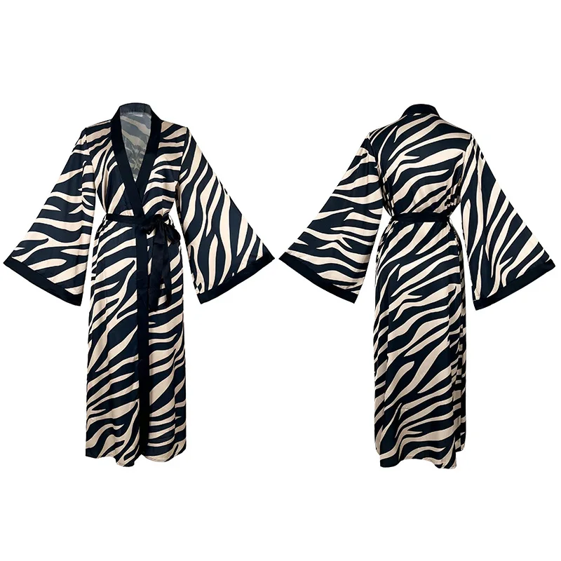 Abito a maniche lunghe con stampa zebrata retrò francese per le donne Pigiama di lusso a gamba lunga con cravatta in seta di simulazione Comodo indumenti da notte