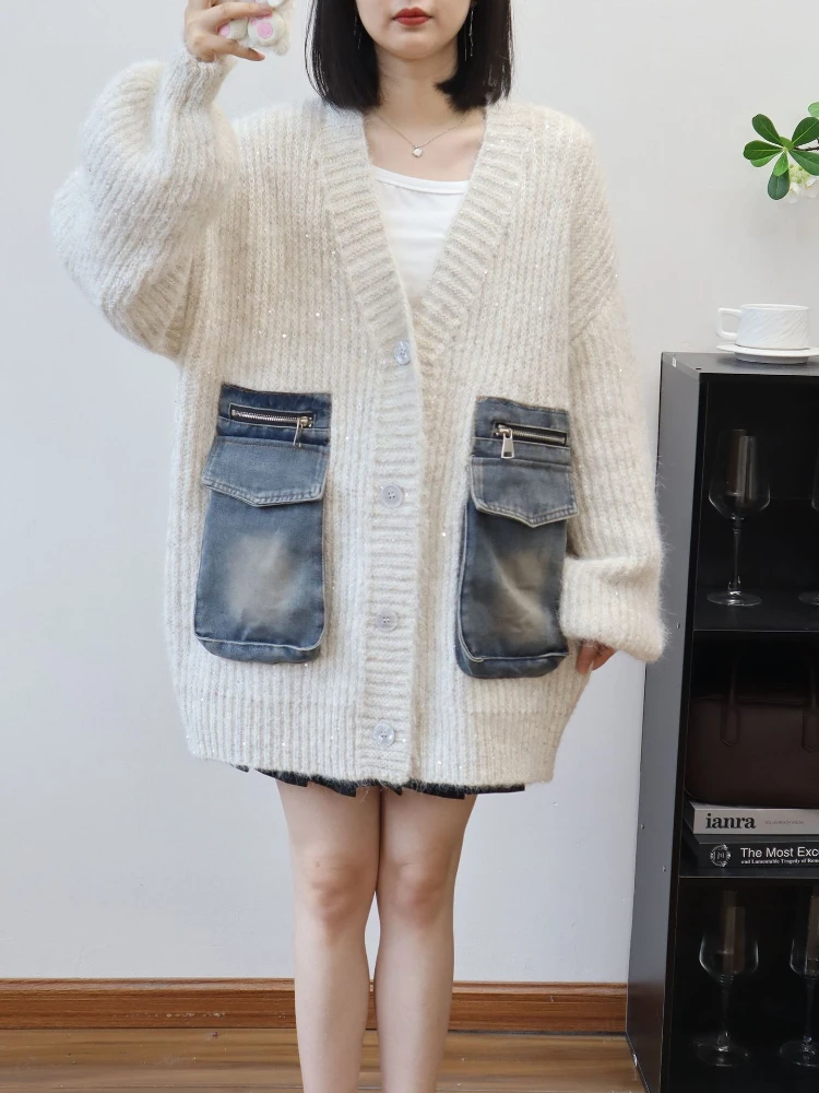 Herfst Winter Losse Truien Jas Vrouwen Nieuwe Gebreide Trui Vest Jas 2025, Vrouwelijke Retro Mode Denim Stiksels Uitloper