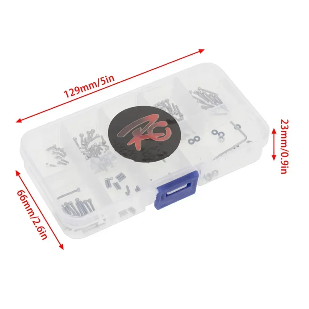 Zestaw narzędzi naprawczych 186 sztuk/sztuk z łącznikami i śrubami, z pudełkiem do przechowywania 130x22x67mm, do części zamiennych do samochodów RC typu crawler Axial SCX24 w skali 1:24
