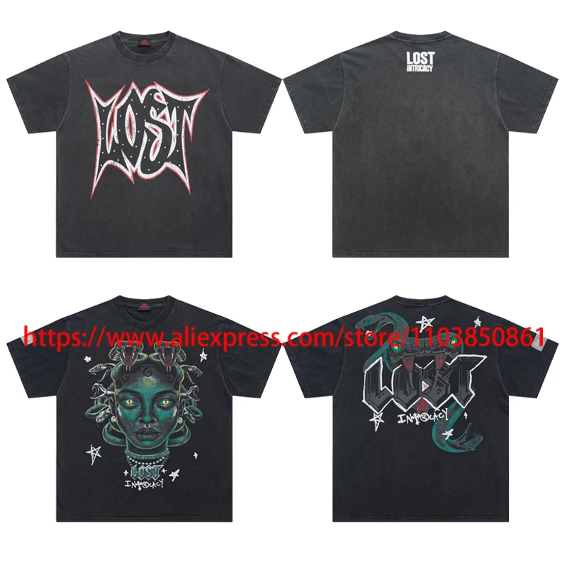 

Trend Brand Lost Intricacy T-shirt Vintage Washed Black Letter Print Tops Fashionable Hot Diamond Lost Intricacy Short Sleeves
