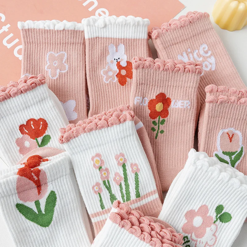 Socks for children, mid length ins, trendy and versatile autumn and winter women's long socks, pink lace boneless socks,