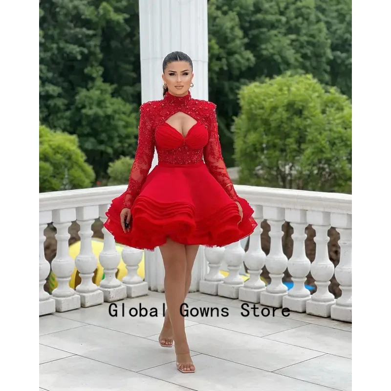 

Red High Neck Full Sleeves Beaded Applique Short Tiered Ruffles Prom Dresses Custom Made 2026 Girl Wear