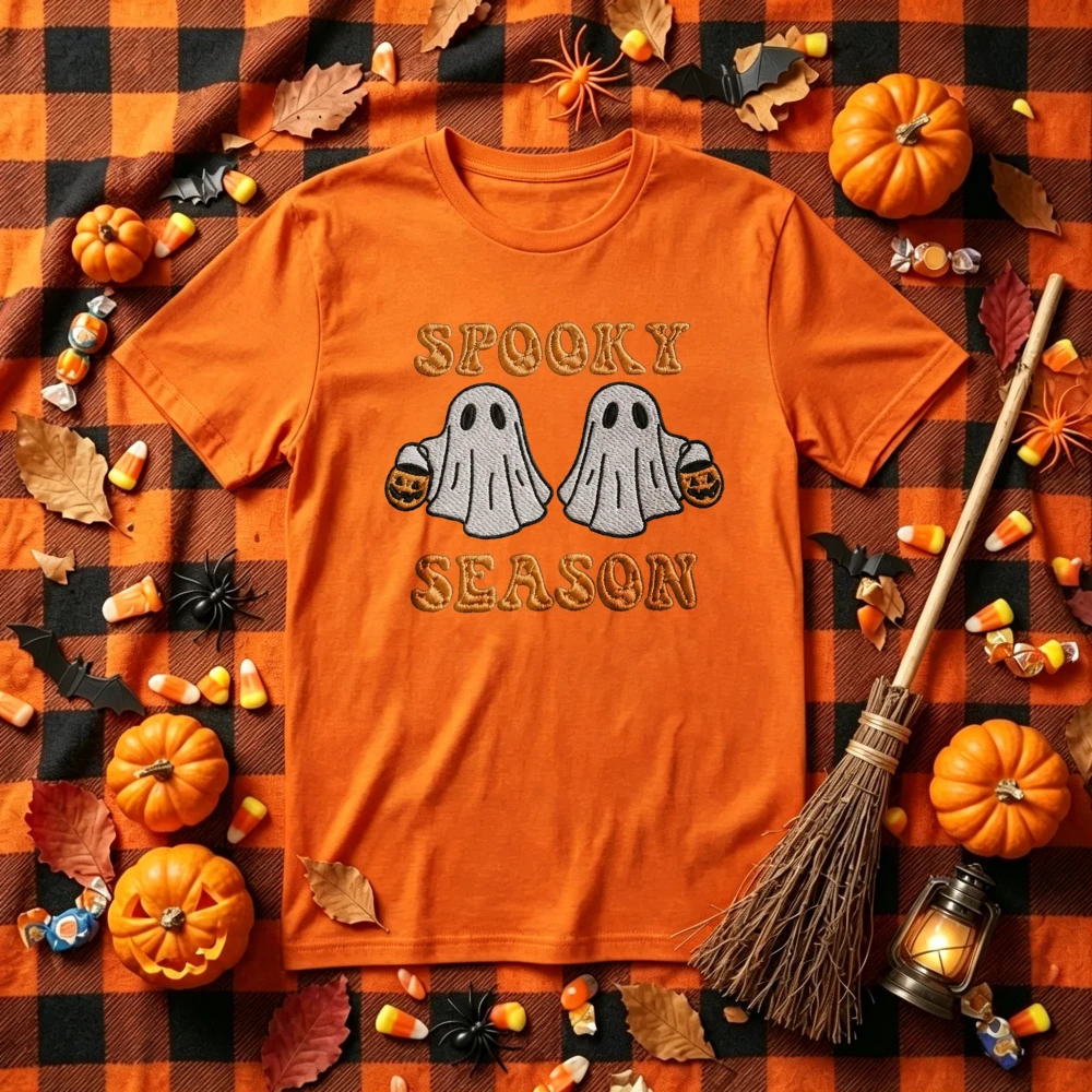 Halloween Spooky Season Graphic T‑Shirt Cute Ghost Trick or Treat Pumpkin Bucket Retro Embossed Style Spooky Print Casual Tops