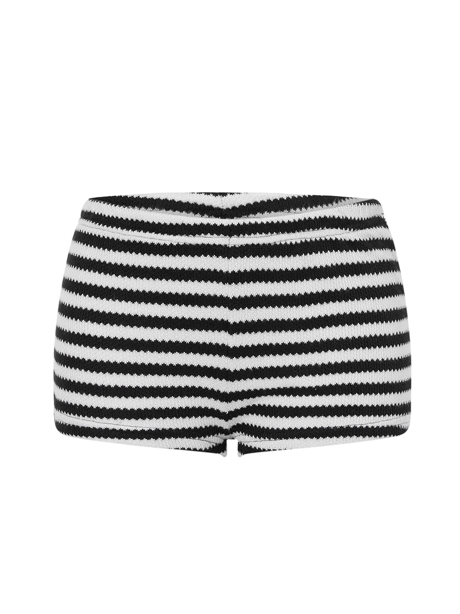 여성용 스트라이프 프린트 니트 반바지 로우 라이즈 핏 스트레이트 레그 짧은 바지 streetwear