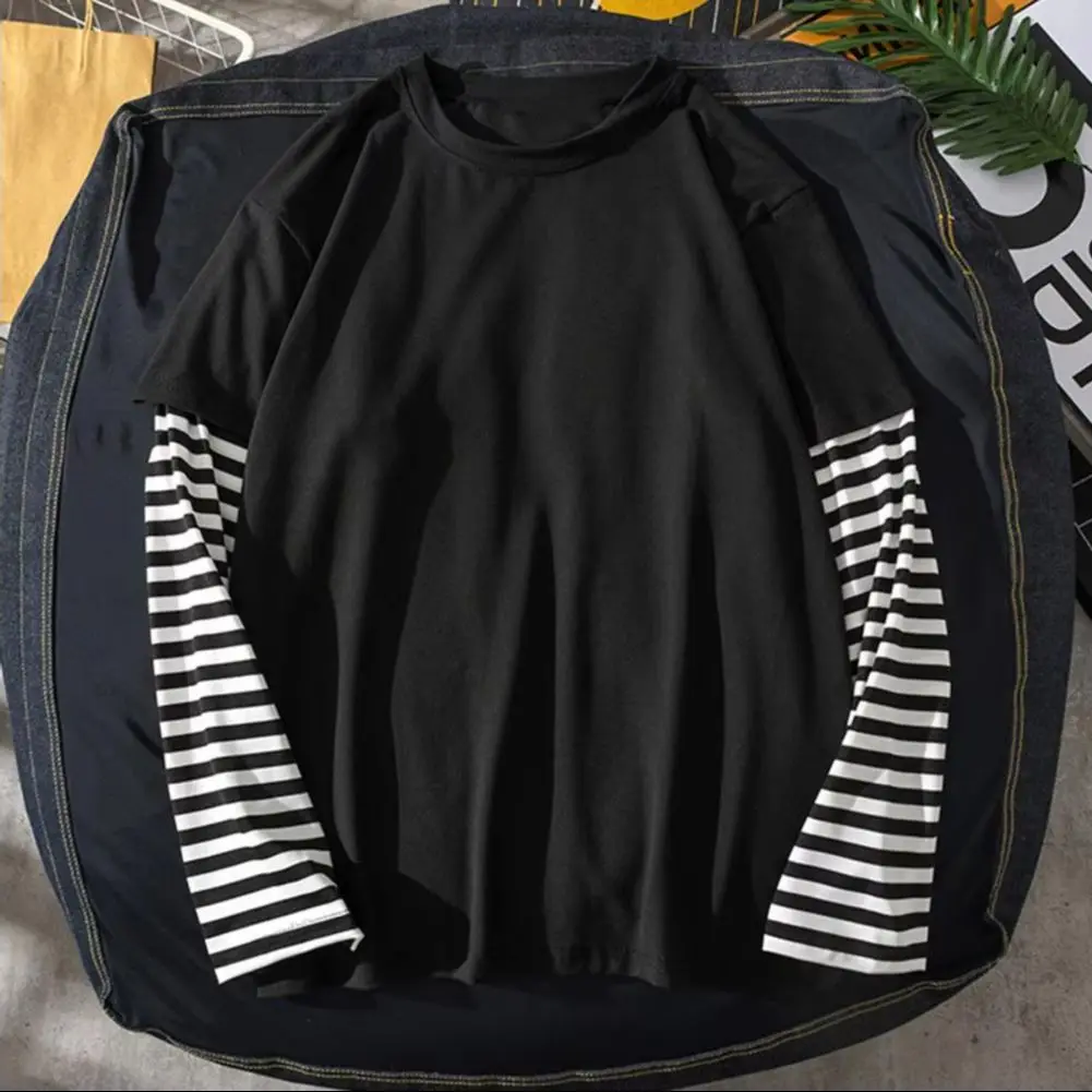 Student Shirt Fake Two Piece O Neck Simple Casual Spring Top for School Preppy Style Stripe Student Shirt Breathable Men Shirts