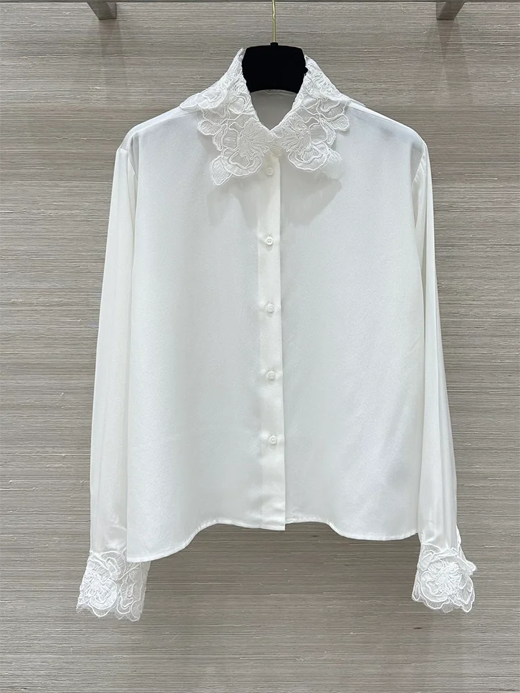 Autumn new white three-dimensional flower embroidered lace applique shirt for women with lapel and long sleeved silk shirt