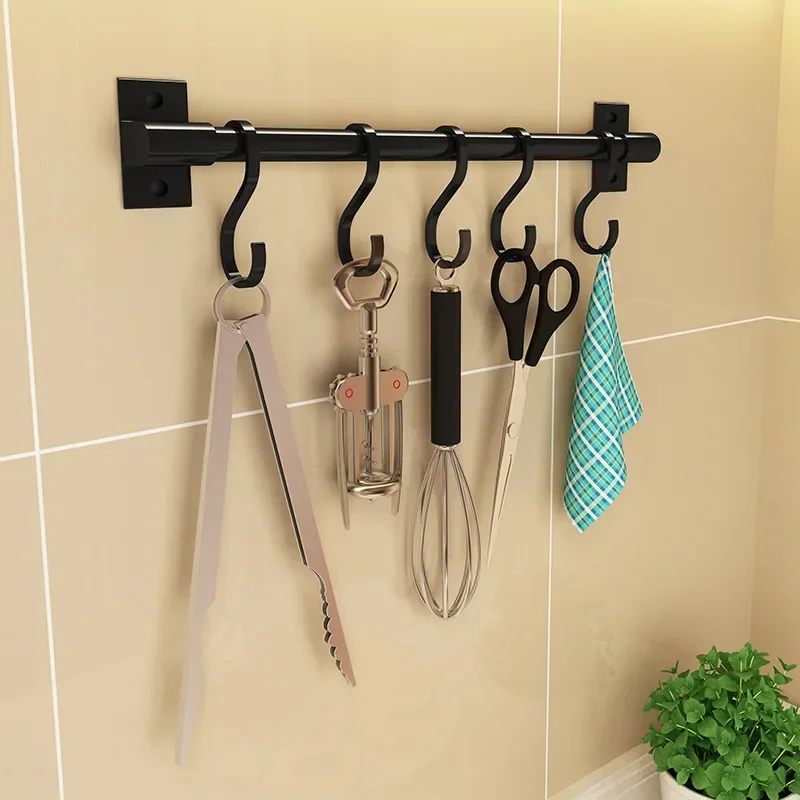 

Black Kitchen Hook Rack Pantry Bar Kitchen Shelf American Style Space Aluminum Frame Kitchenware Utensil Tool Storage Rack