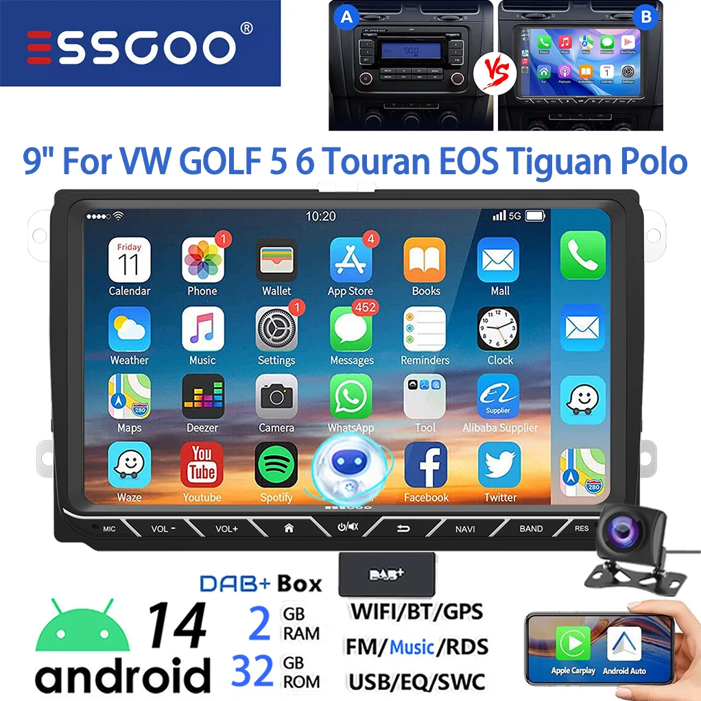 ESSGOO Android 14 Autoradio 9" 4+64GB CarPlay voor VW Golf 5 6 Passat B6 B7 Polo 6R Touran Tiguan Caddy EOS Jetta T5 Seat Skoda GPS Navigatie WIFI FM Bluetooth RDS Touchscreen Mirror Link