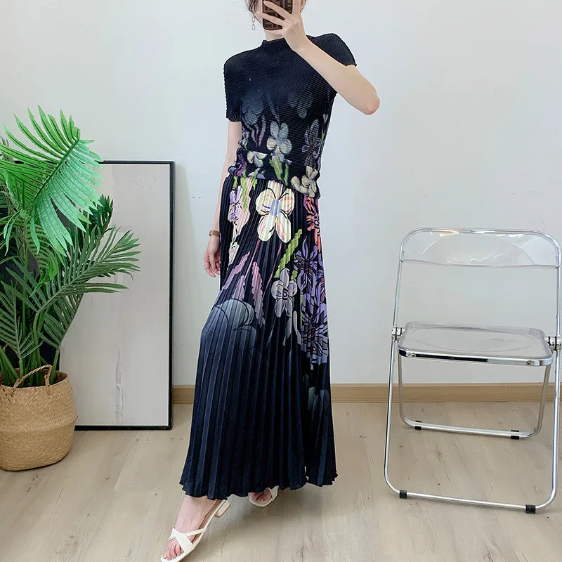 Miyake Pleated Skirt Summer Street Clothing Women's High End Fashion T-shirt Top and Pleated Skirt Two Piece Set