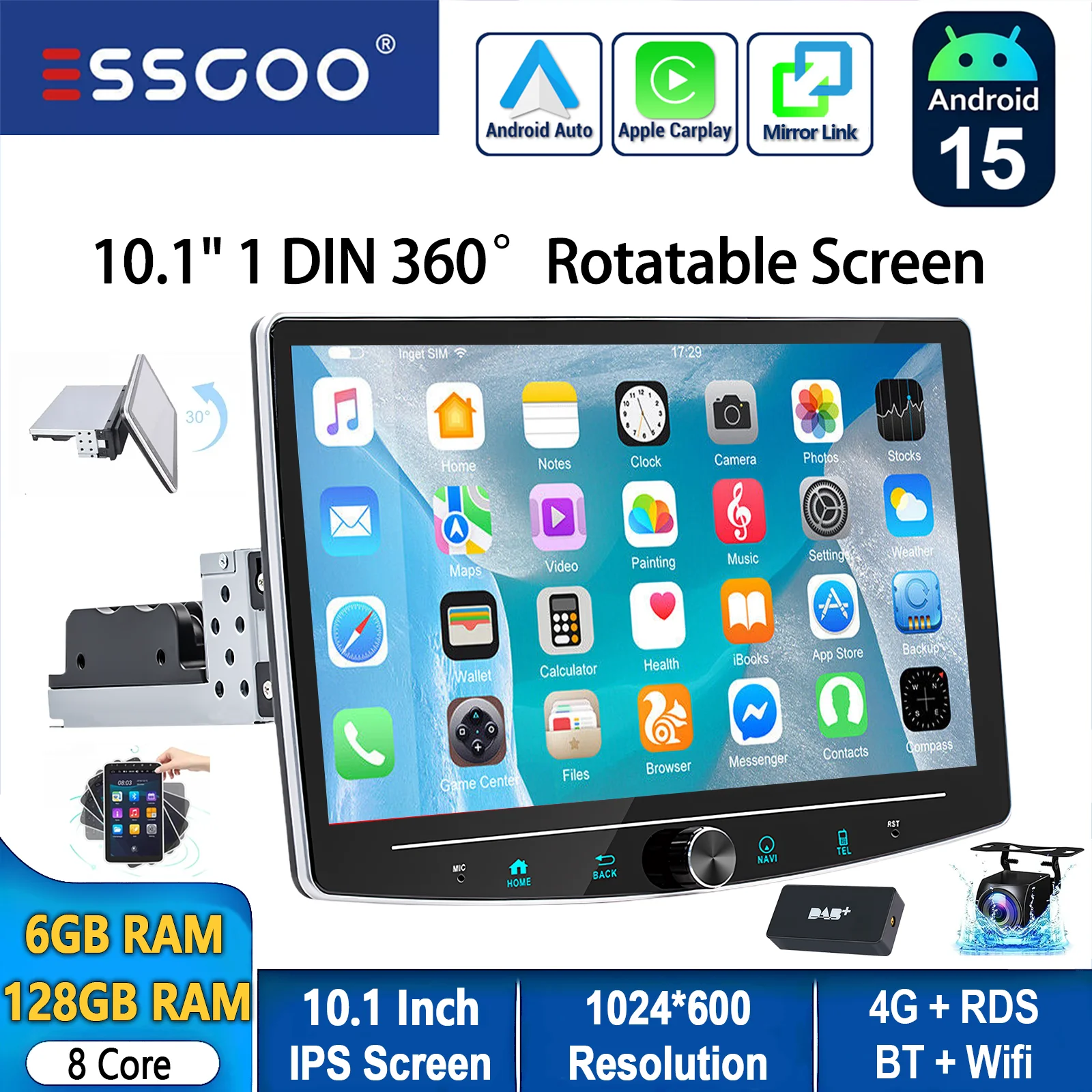 ESSGOO Android 15 10.1 "360 °   Draaibaar scherm 1DIN 6 + 128G 8core 4G Universele autoradio Carplay met microfoon AM Wifi BT RDS SWC