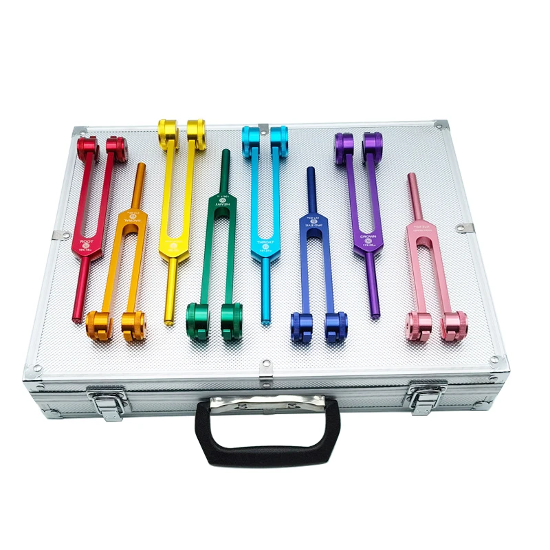 8PCS Box Medical 8 Chakras Tuning Fork Body Spiritual Heart Massage Set for Sound Healing Vibration Therapy with Mallet Hammer