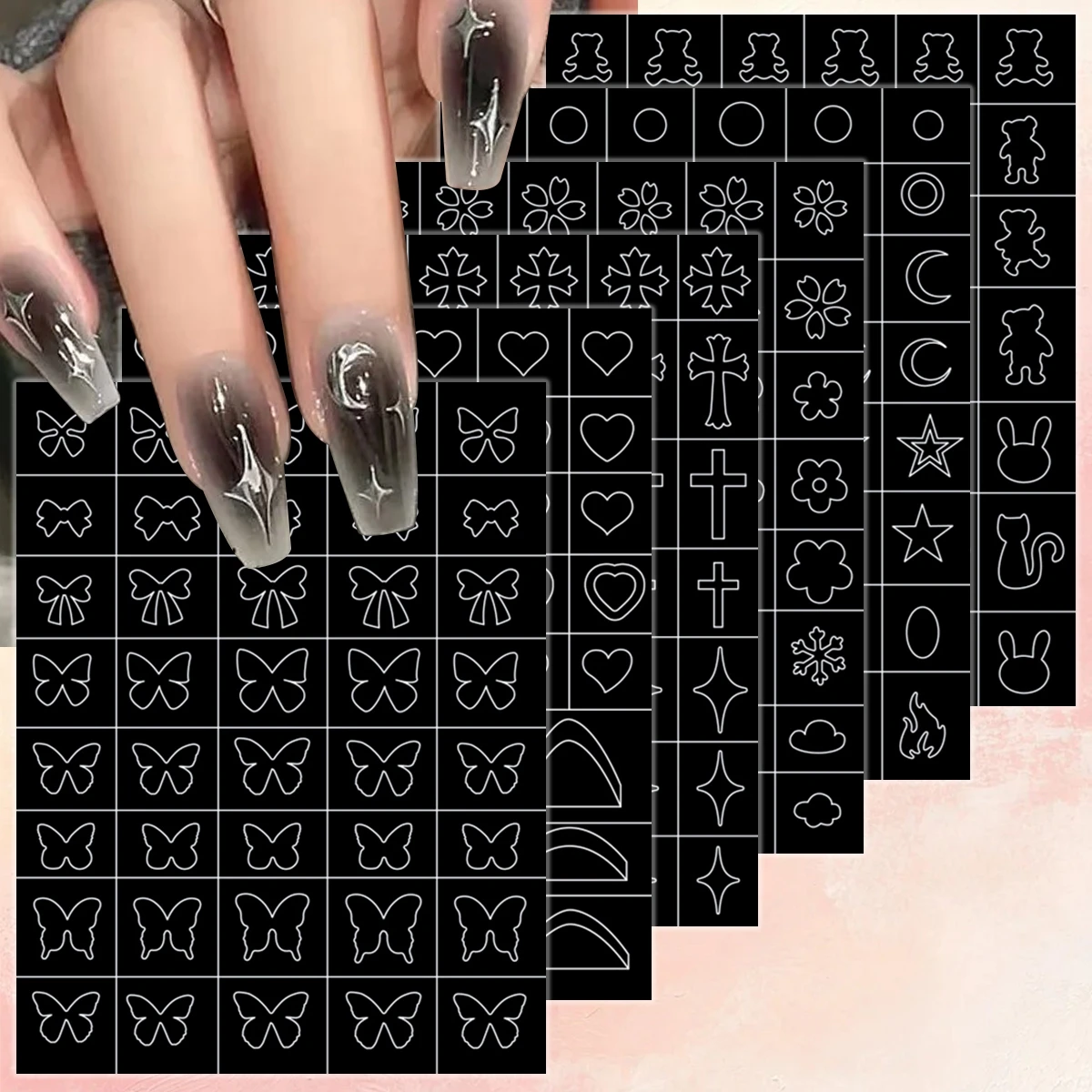 3 bis 18 Blatt Airbrush-Nagelschablonen Herz Schmetterling Schleife Stern Bär Französische Spitzen-Leitfäden Selbstklebend DIY