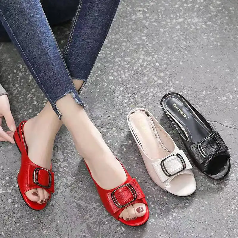 Plus Size Shoes for Women 35-41 Summer Fashion Square Buckle Casual Thick Heel Outdoor Daily Sandals Comfortable Slippers