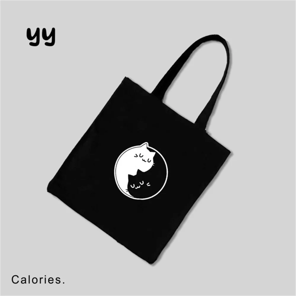 

Kawaii Black White Cat Canvas Tote Bag Japanese Style Cartoon Shoulder Bag for Women Cute Kitten-Themed Eco-friendly Handbag