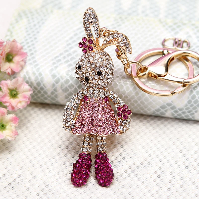 Crystal Long Ear Rabbit Flower Key Chains Holder For Car Women Keychains Keyrings Purse Bag Pendant llaveros