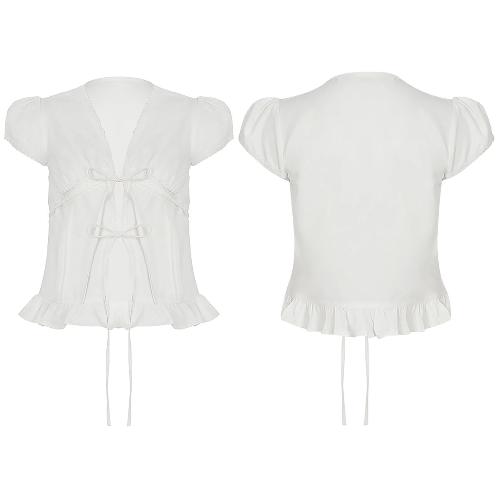 Camicetta da donna con papillon e babydoll, maniche a sbuffo, pizzo, volant, peplo, top, cinghie autoadesive, camicette, donna, casual, abbigliamento preppy quotidiano