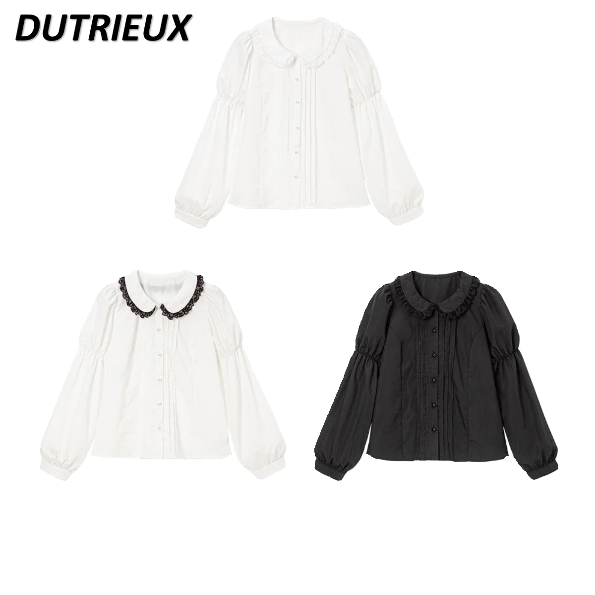 Spring New All-Matching Lolita Sweet Blouse Long Sleeve Base Shirt Japanese Style Lace Trim Doll Collar Cute Solid Color Tops
