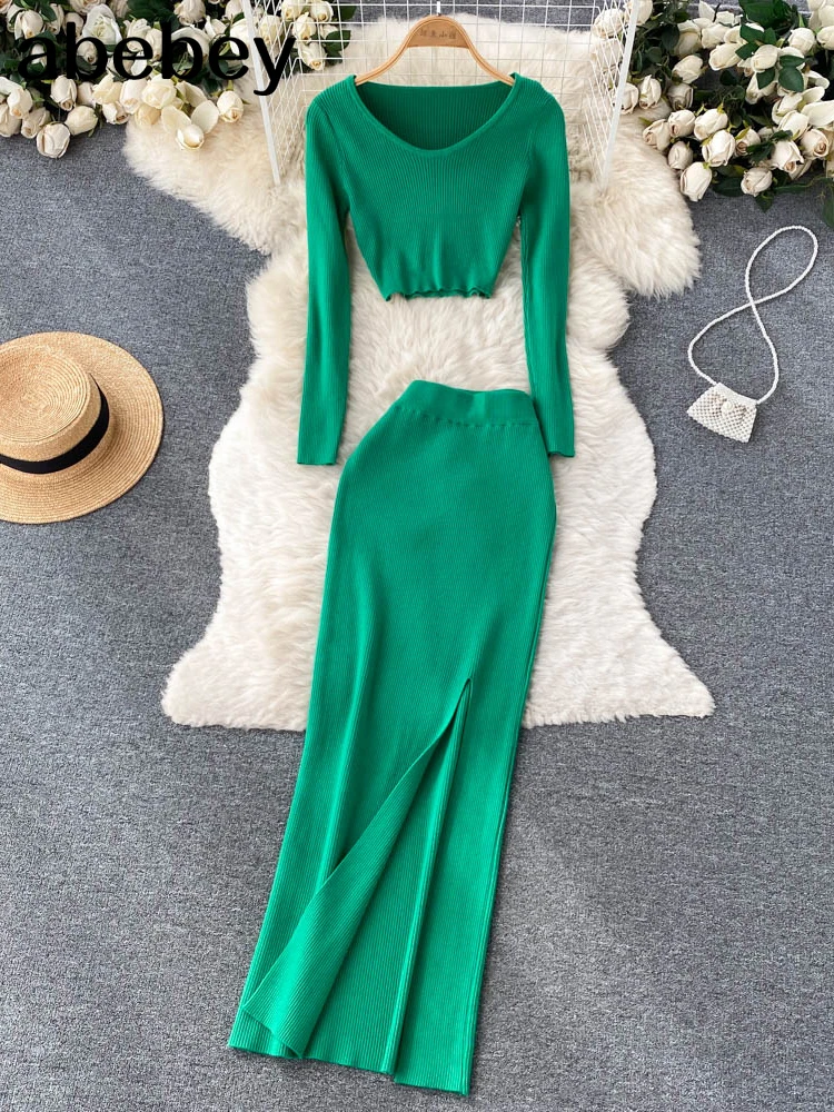 

Split Autumn Fashion Two Pieces Suits V Neck Mini Top+ Hight Waist Slim Long Dress Women Streetwear Solid Knitted Set