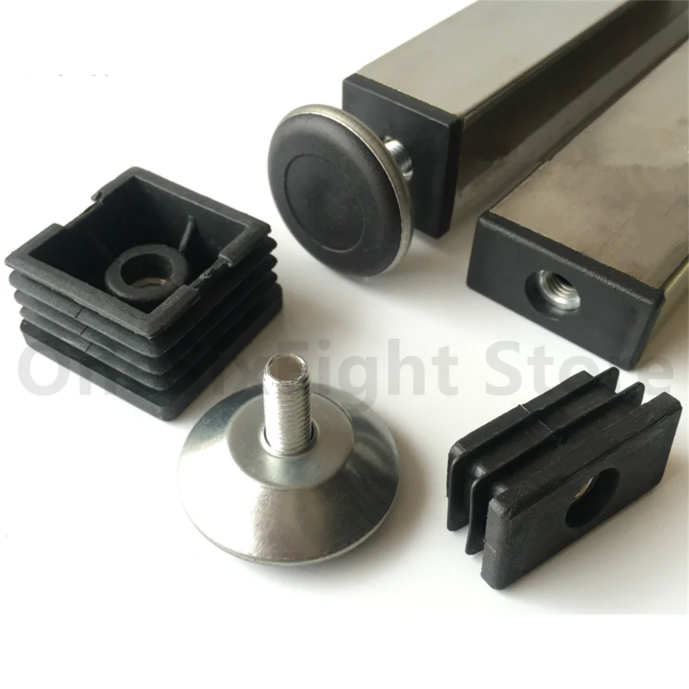 Adjustable Table Feet & Threaded Tube Insert Sets For Square Tubes Black