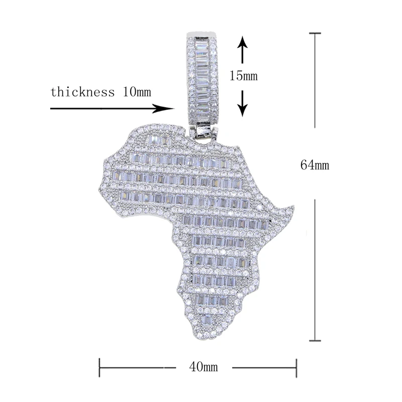 New Arrive Rectangle Cubic Zirconia CZ Paved Bling Africa Map Shaped Pendant Necklace Hip Hop Men Boy Cool Meaning Jewelry