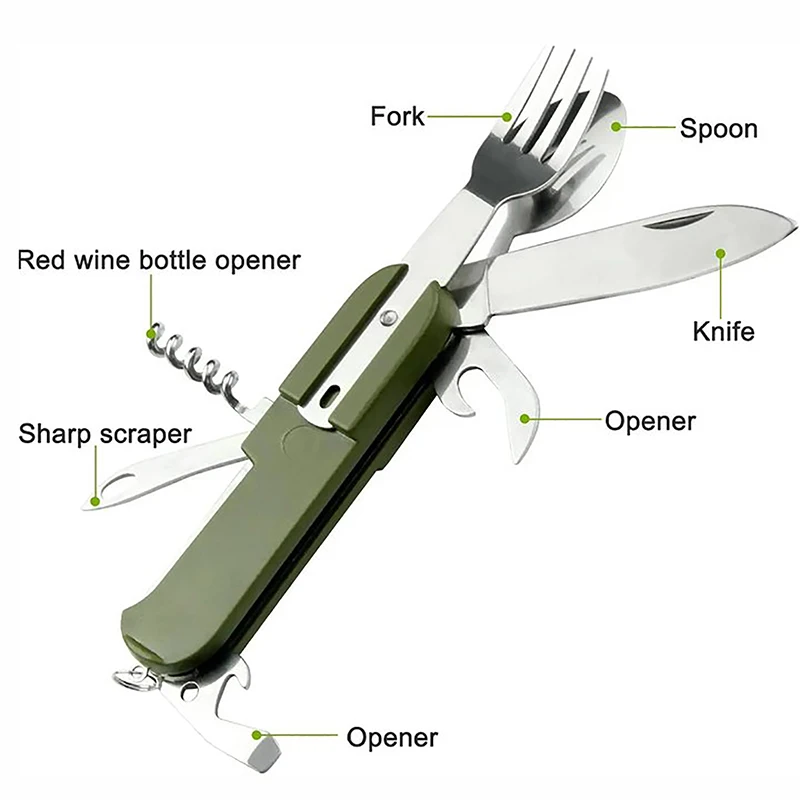 7 In 1 Multifunctional Outdoor Tableware Survival Tools Stainless Steel Foldable Fork Spoon Knife Picnic Camping Dinnerware