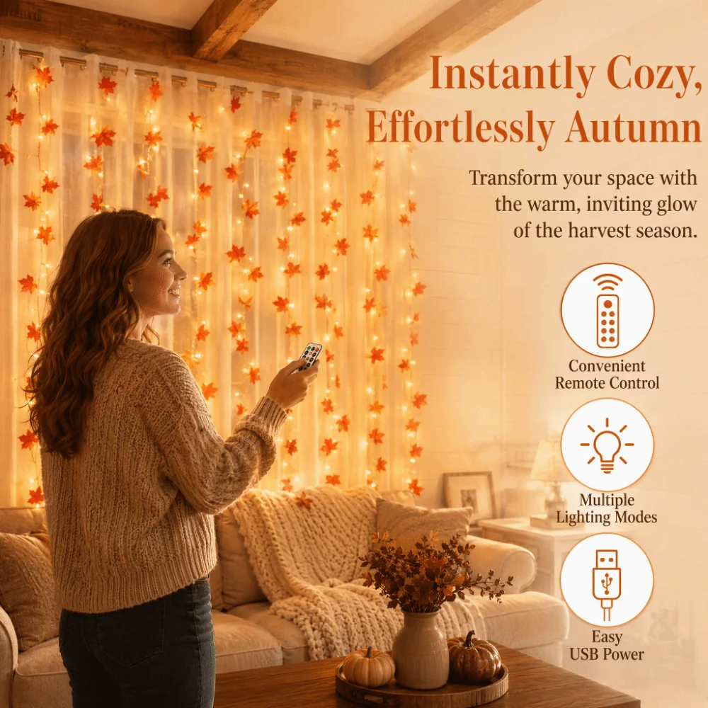 LED String Lights Remote Control Lifelike Maple Leaves Fairy Curtain Lights Lightweight Durable Material Warm White