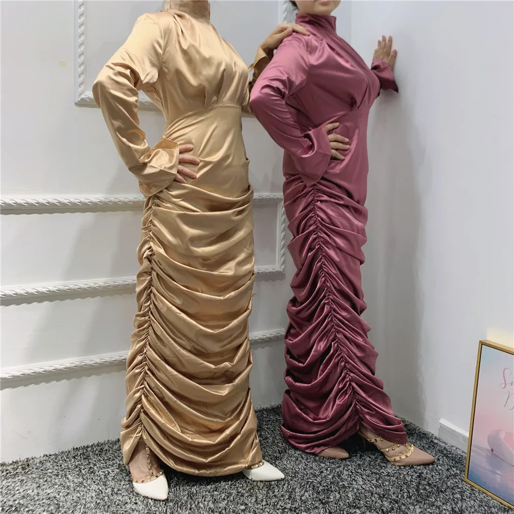 Fashion malaysia elegant satin body-con pleated long maxi slim muslim clothing dress for women
