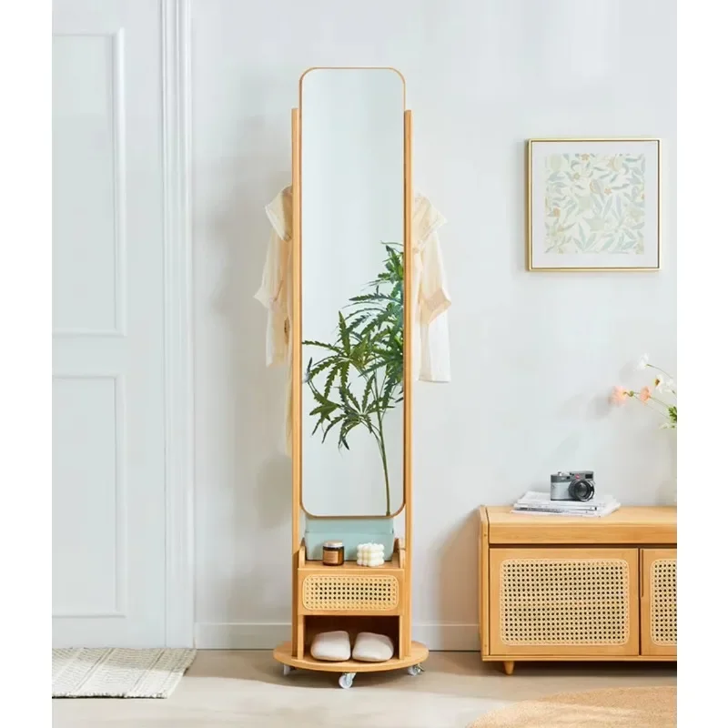 Full-body dressing mirror household floor mirror rotating movable solid wood hanger integrated bedroom fitting mirror