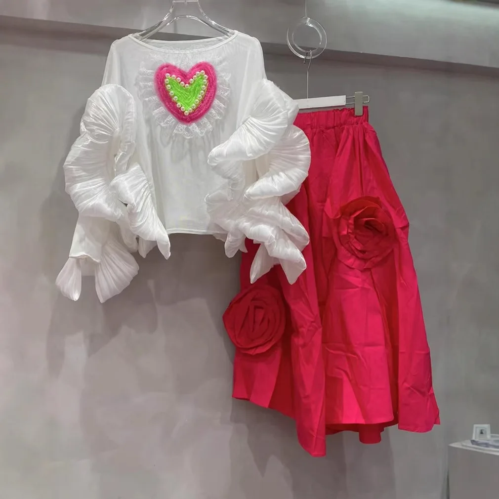 Women Love Embroidery Diamonds Pearls Beaded T-shirt Ruffles Edges Long Sleeve Tees Loose Irregular Irregular Lotus Jumpers Tops