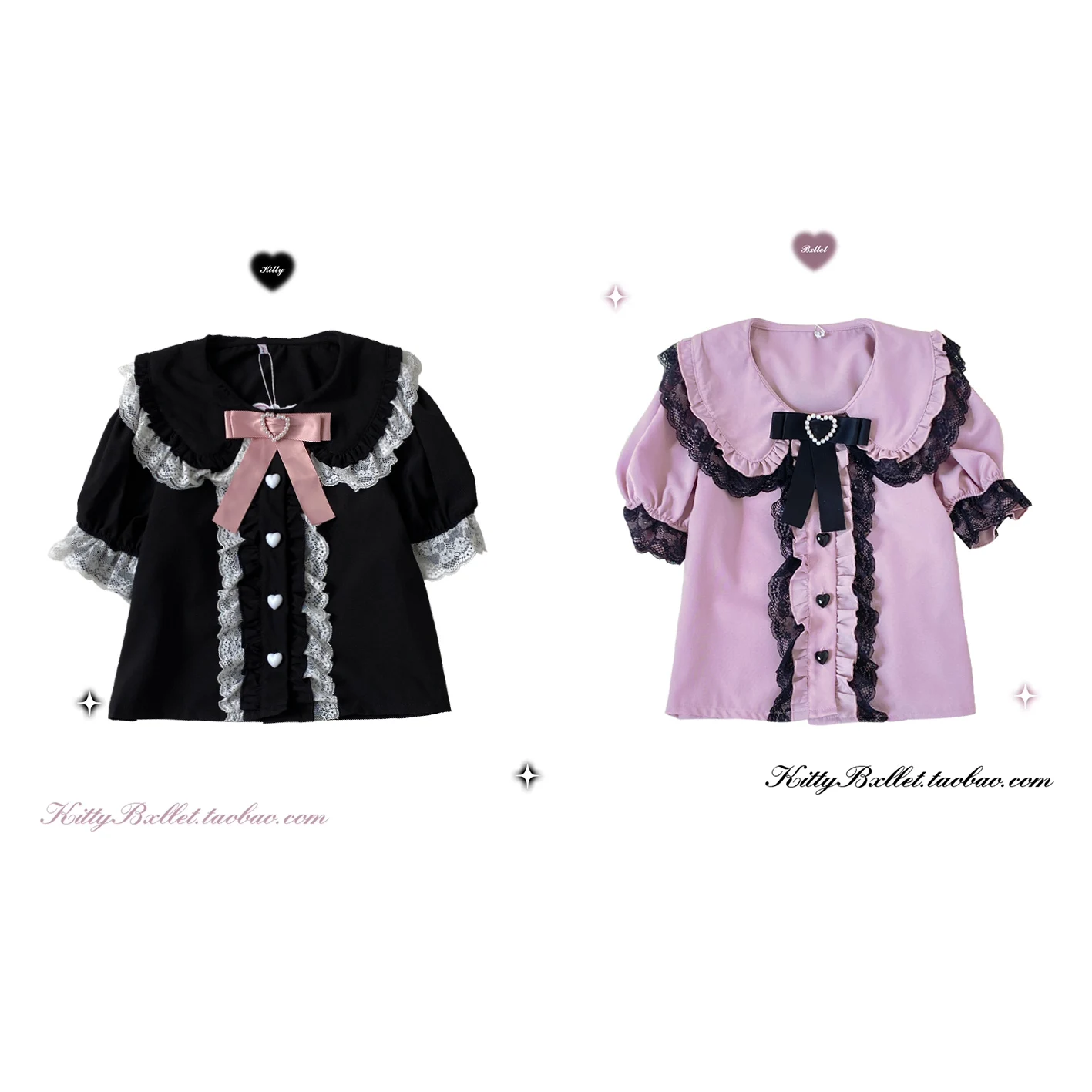 Lace Trim Top Landmine Series Heart Button Sweet Cool Short Shirt Bubble Short Sleeve Chiffon Shirt Crop Top Bowknot Brooch