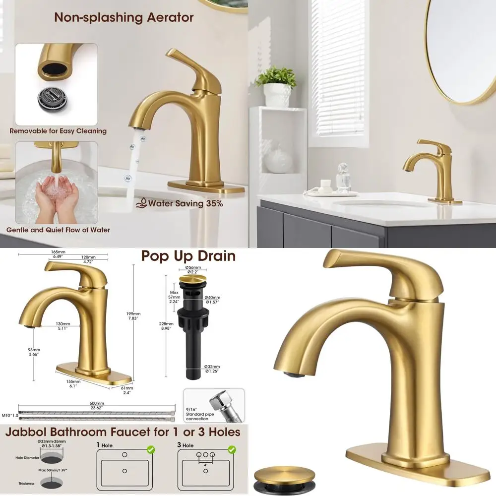 

Single Hole Brushed Gold Bathroom Faucet with Pop-Up Drain for Vanity and Lavatory Sinks