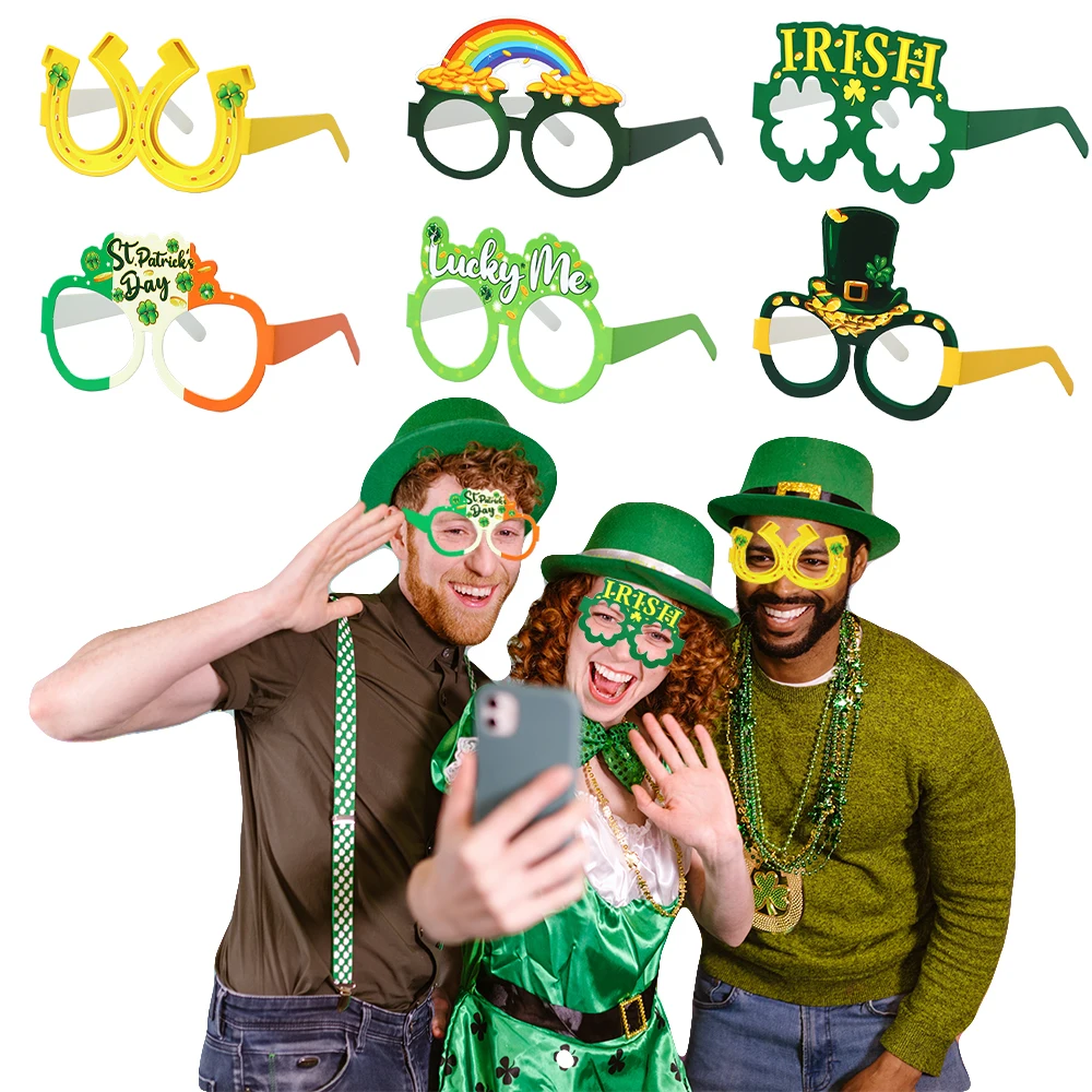 

6pcs St.Patrick’s Day Paper Glasses Photo Booth Props Clover Irish Day Festival Carnival Party Decorative Cosplay Party Decor