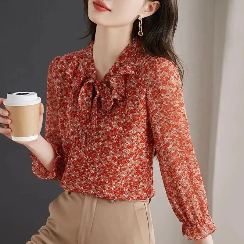 Floral Chiffon Shirt for Women's Summer 2024 New Spring and Autumn Fashion Western-style Top Shirt