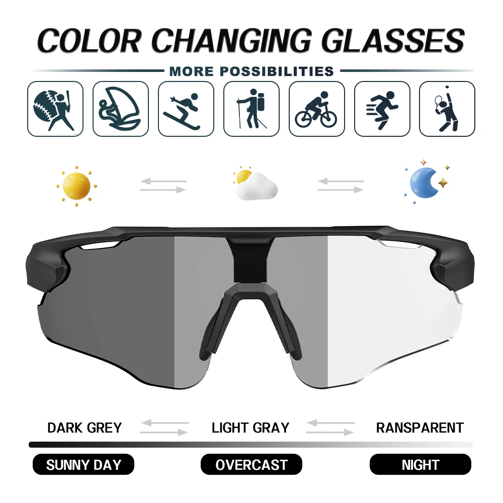 X-TIGER Photochromic Sports Sunglasses for Men Women Cycling Goggles UV400 Protection Day and Night Driving Safety Glasses