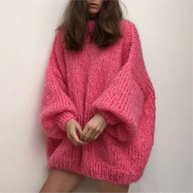 

2024 New Handmade Woven Mohair Lantern Sleeve Winter Sweater For Women Coarse Yarn Solid Loose Fashion Knit Pullovers Tops Woman