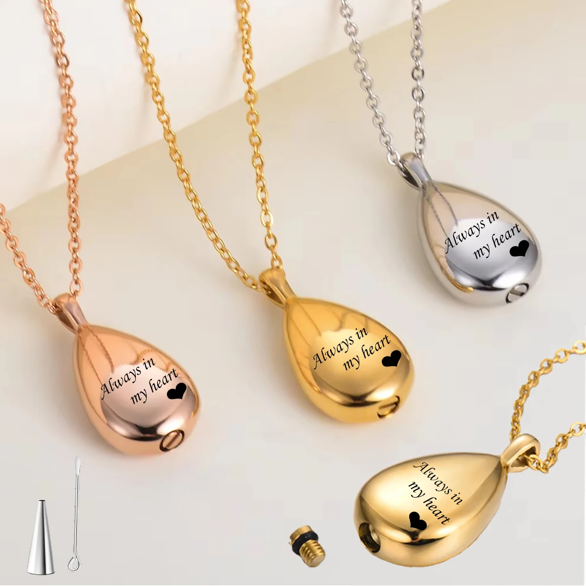 Stainless Steel Teardrop Always in my heart Pet Urn Pendant Necklace Keepsake Ashes Cremation Memorial Jewelry