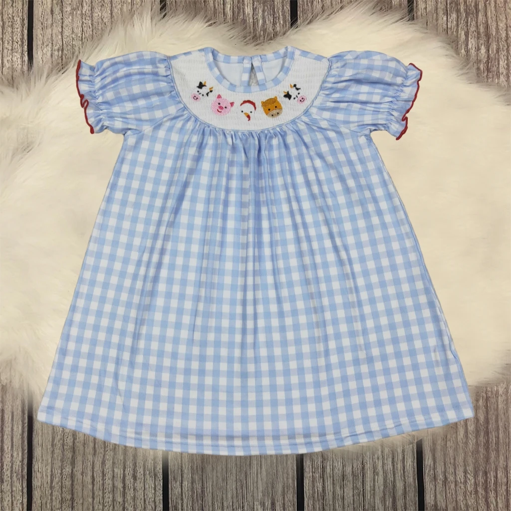 

Baby Girl Dress for Summer Toddler Kids Princess Short Sleeve Loose Farm Animal Embroidered Plaid Smocked Knee Length Dresses