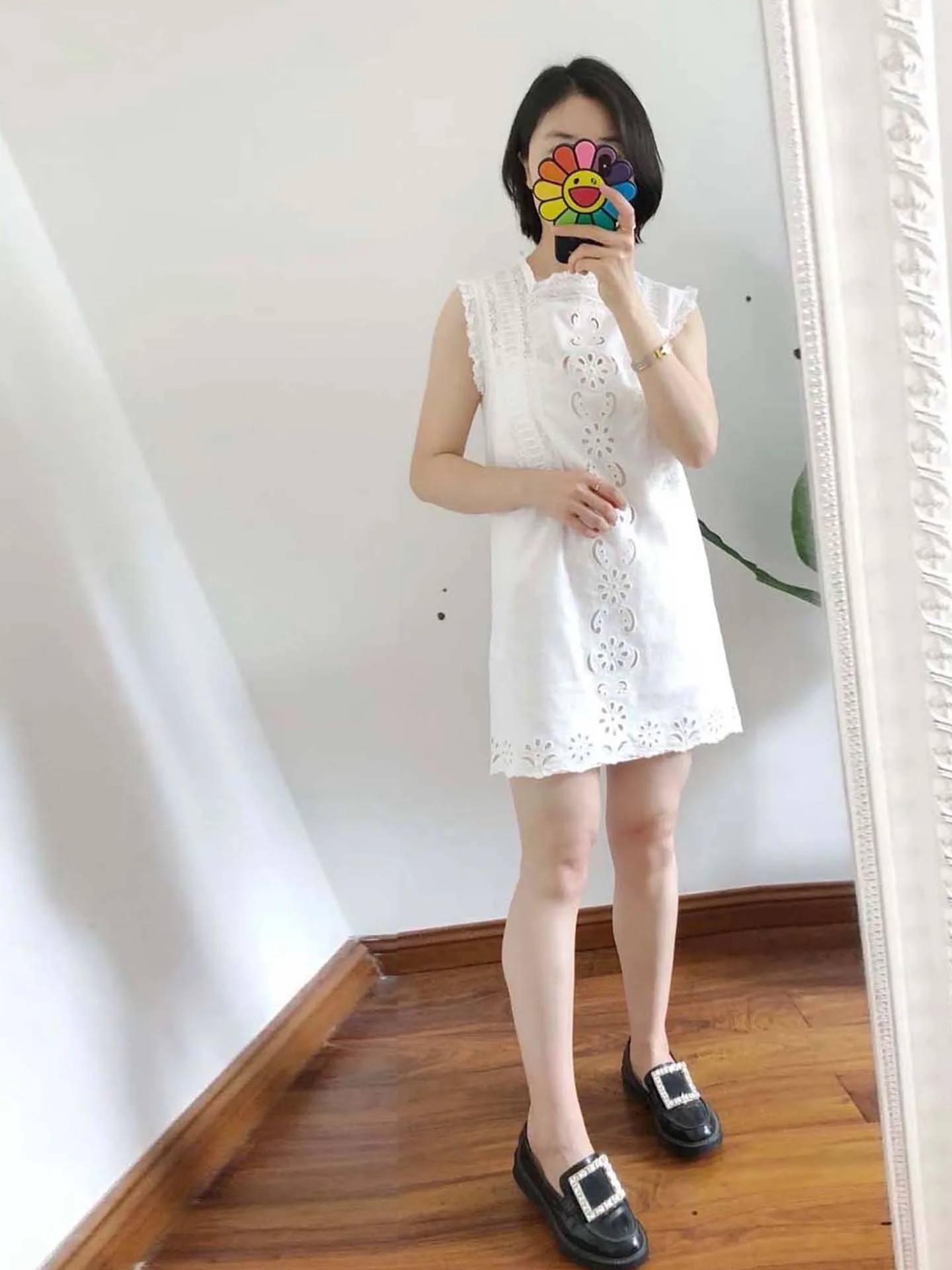 

White Hollow out Embroidered Loose Doll Dress Short Sleeveless Lace Trimmed Vest Dress Small Size Women's French Style Dress