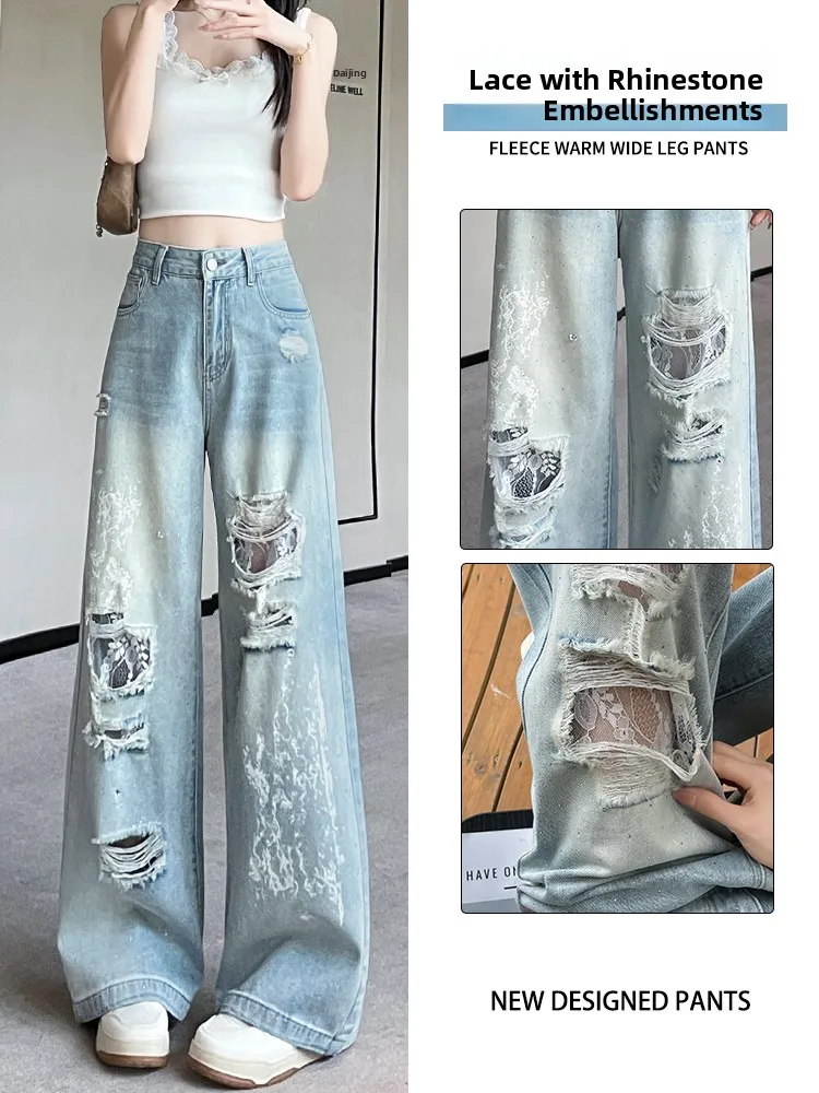 

Ripped Lace Painted Wide Leg Jeans Women Summer New Sle Thin Loose Straight Cut Denim High Waist Long Pants Cotton Blend