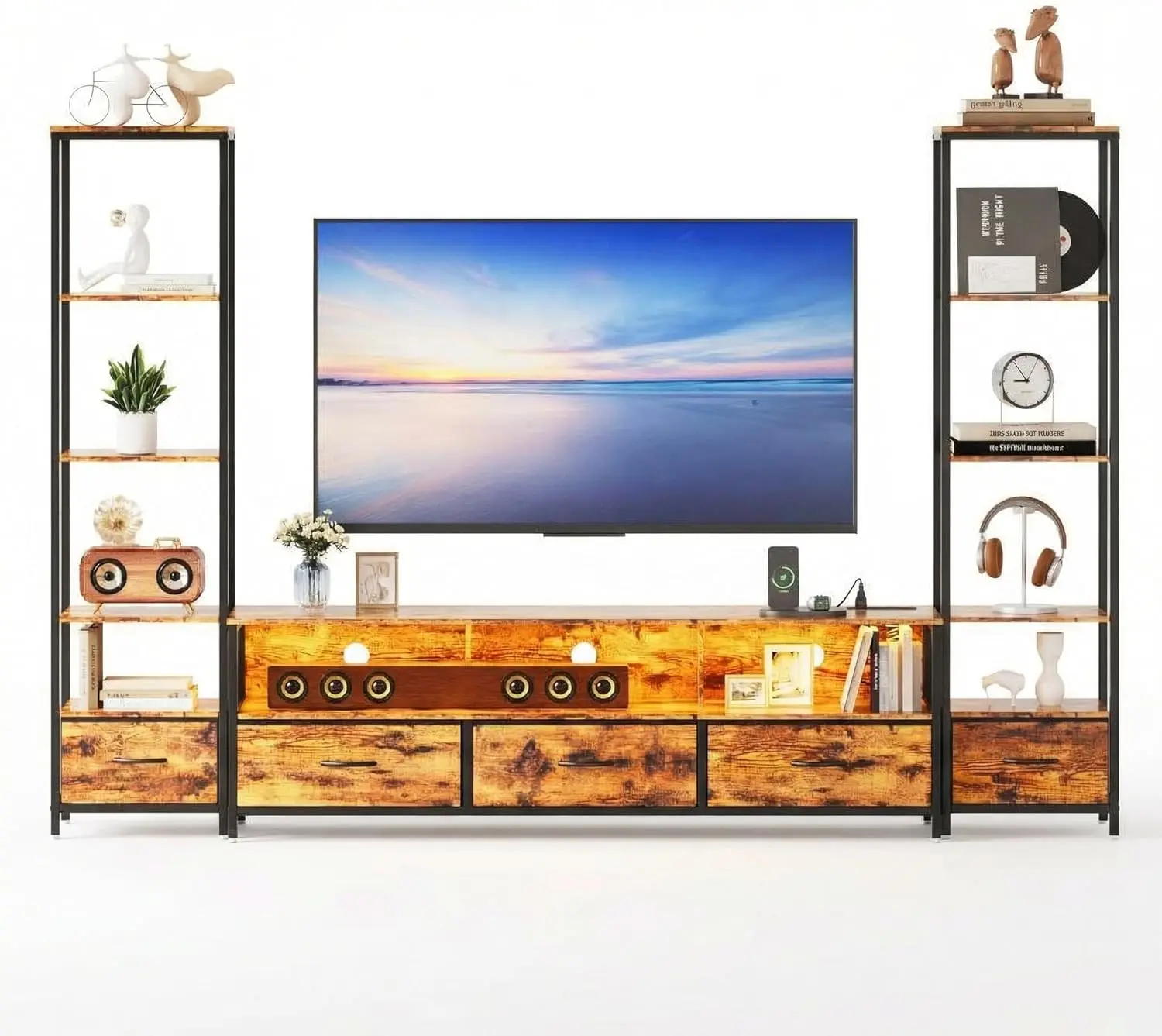 

Тумба под телевизор с тканевыми ящиками - ТВ-стойка из дерева и металла с местом для хранения и LED-подсветкой, современный органайзер для ТВ-тумбы, книжный шкаф