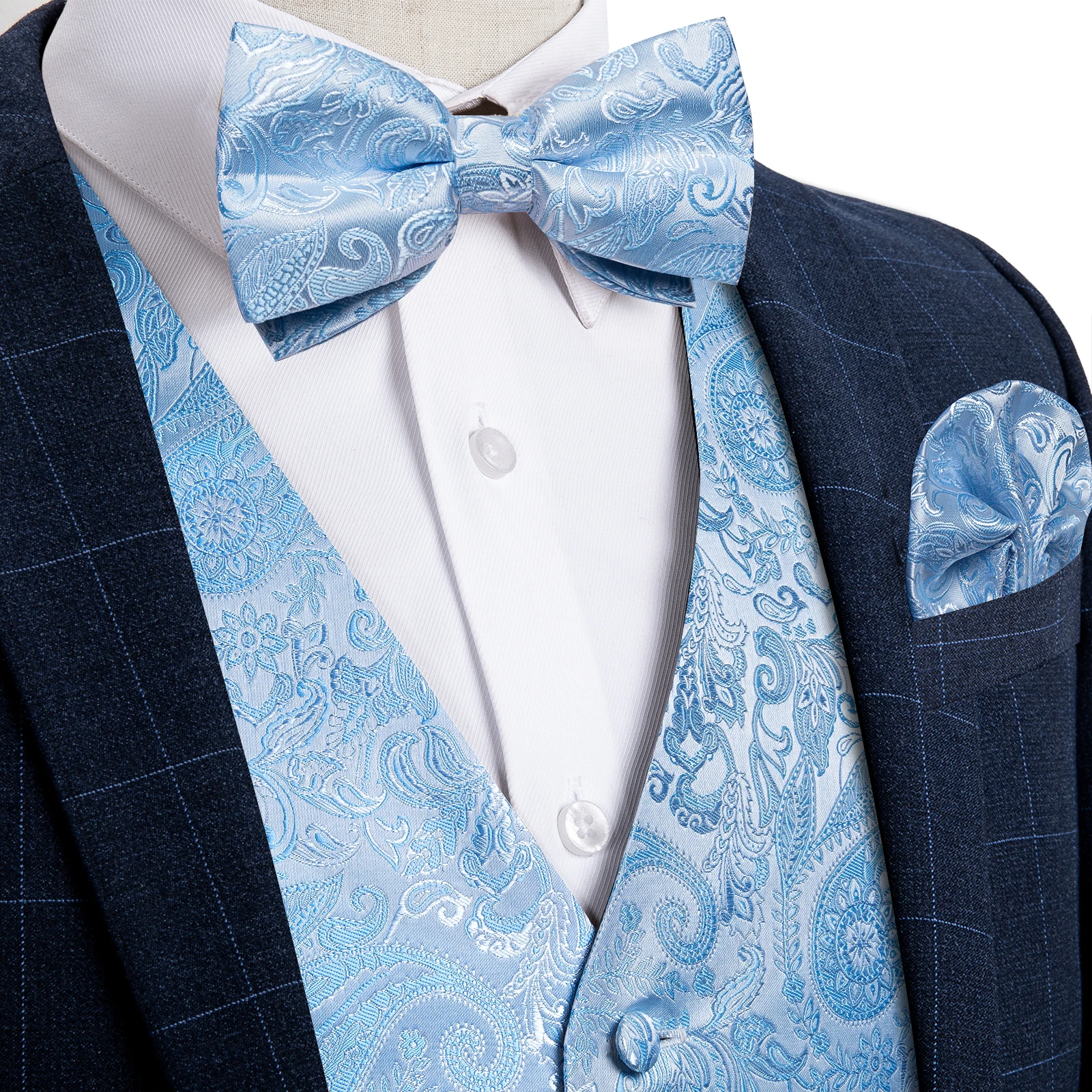 Suit Vest With Bow Tie Pocket Square Cufflinks Light Blue Black Red Paisley Luxury Wedding Prom Tuxedo Waistcoat for Men