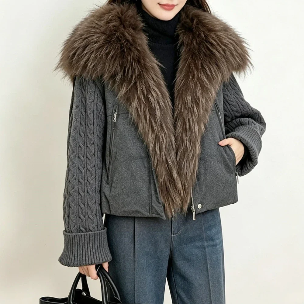 Women's Lapel Down Jacket, Winter Zipper Coat with  Real Fox Fur, Loose Silhouette Heat Retention Office Wear for Daily Commute