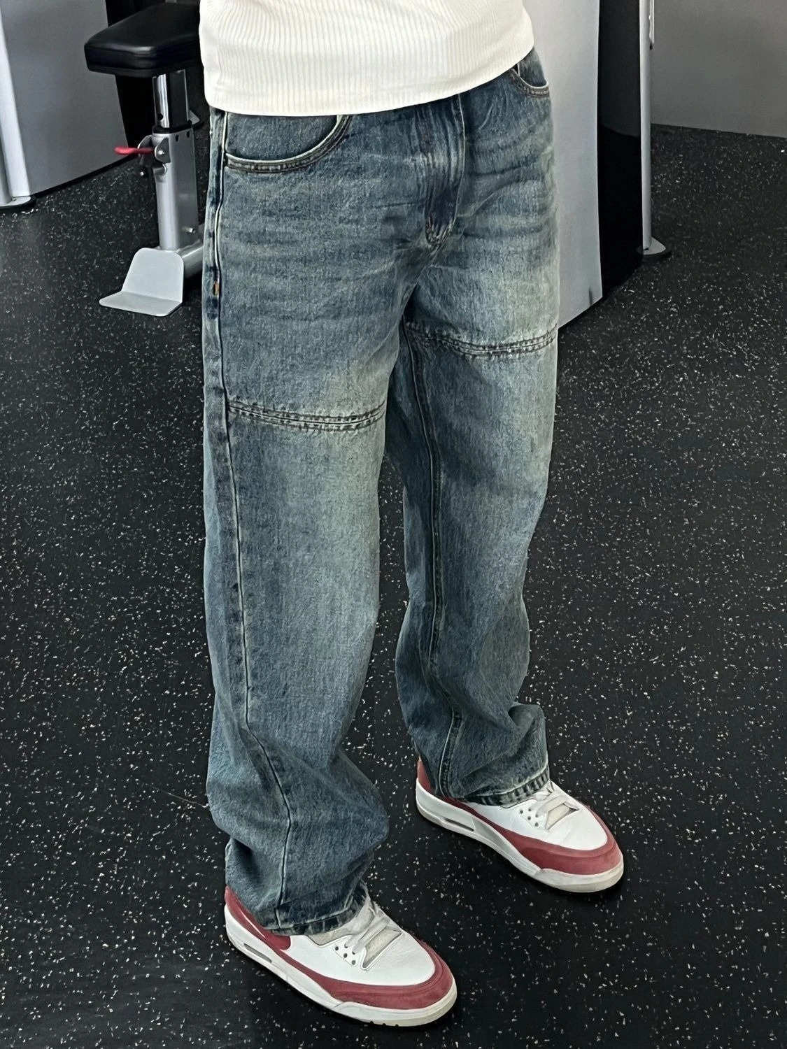 Mens Spring High Street Retro Designer Patchwork Straight Denim Trousers Loose Fit Draped Wide Leg Pants